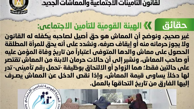 اعتزام الحكومة إلغاء معاش المرأة المطلقة وفقاً لقانون التأمينات الاجتماعية والمعاشات الجديد.. 