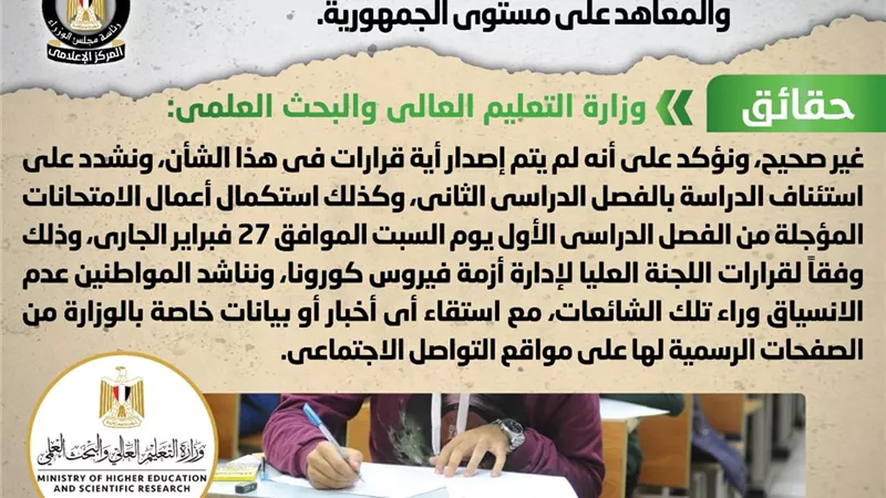 تأجيل استئناف الدراسة والامتحانات بكافة الجامعات والمعاهد على مستوى الجمهورية.. 