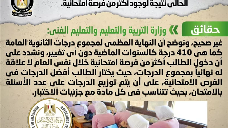 تغيير مجموع درجات الثانوية العامة للعام الدراسي الحالي نتيجة لوجود أكثر من فرصة امتحانية.. 