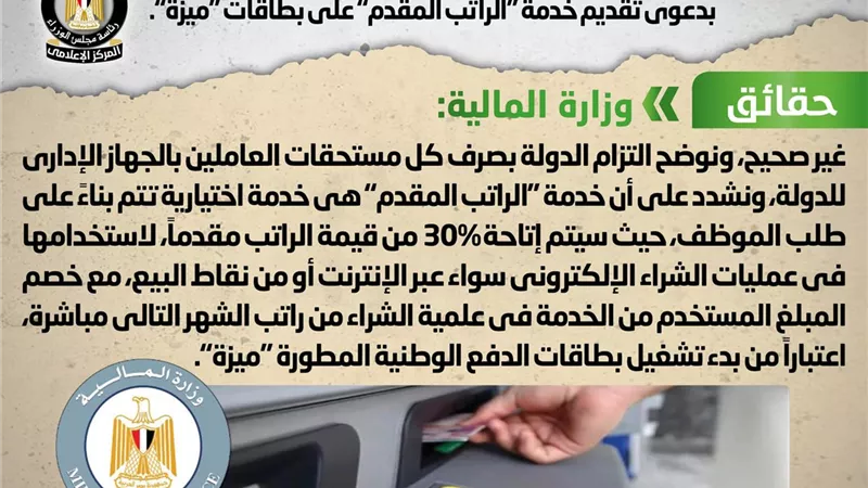 الوزراء ينفى خصم 30% من رواتب العاملين لتقديم الخدمة على بطاقات 