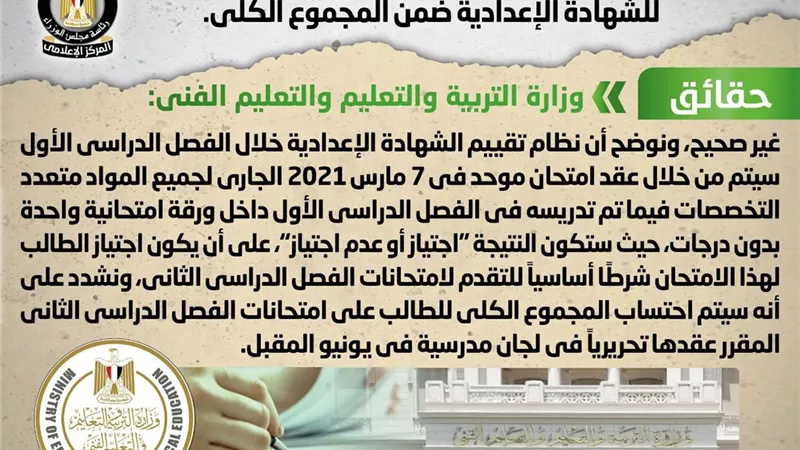 احتساب درجات امتحان الفصل الدراسي الأول للشهادة الإعدادية ضمن المجموع الكلي.. 