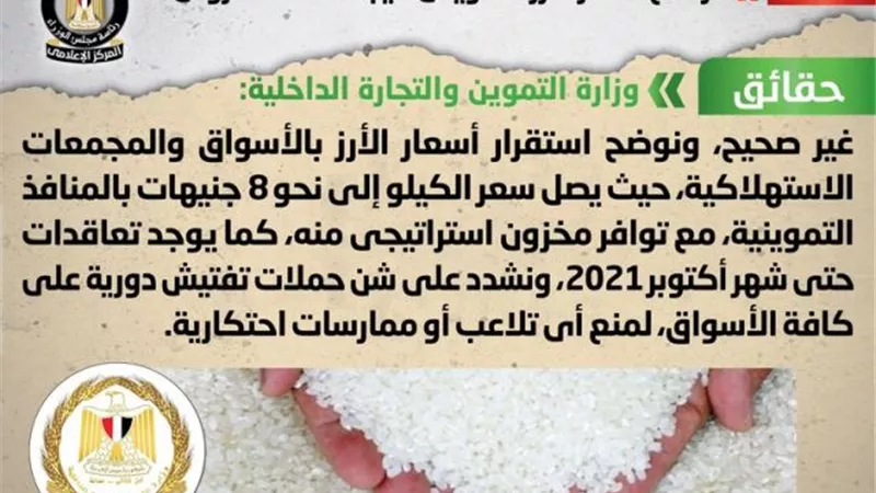 الوزراء ينفى ارتفاع أسعار الأرز التمويني نتيجة لقلة المعروض