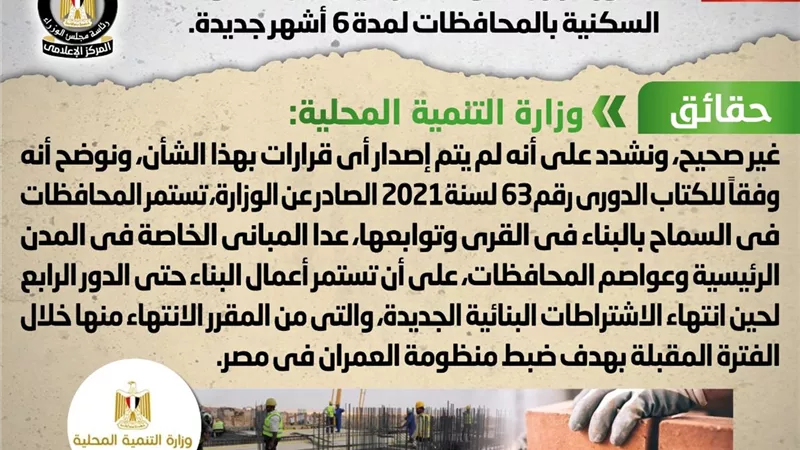صدور قرار بمد وقف تراخيص البناء للوحدات السكنية بالمحافظات لمدة ٦ أشهر جديدة.. 