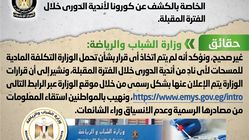 تحمل وزارة الشباب والرياضة تكلفة المسحات الطبية الخاصة بالكشف عن كورونا لأندية الدوري خلال الفترة المقبلة.. 