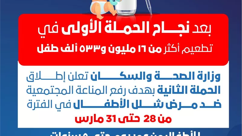 الصحة تطلق الحملة الثانية للتطعيم ضد شلل الأطفال الاحد المقبل