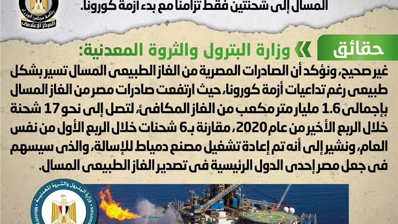 الوزراء ينفى تراجع عدد شحنات الغاز الطبيعى المسال المُصدرة مع بدء أزمة كورونا