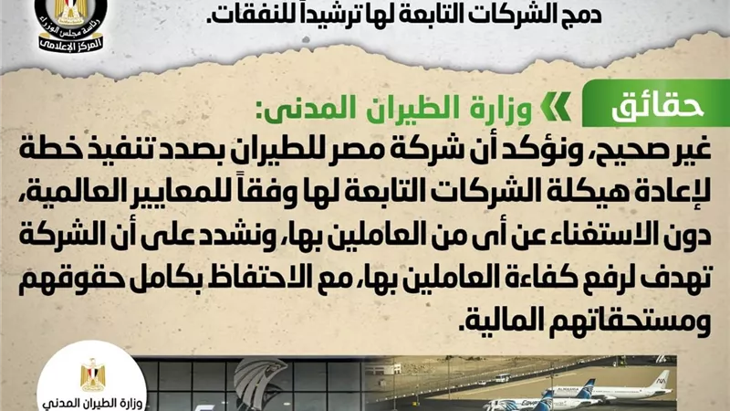 الوزراء ينفى تسريح العاملين بشركة مصر للطيران ترشيداً للنفقات