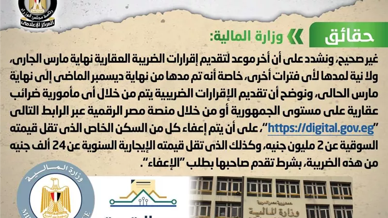 المالية :أخر موعد لتقديم إقرارات الضريبة العقارية غدا ولا نية لمدها