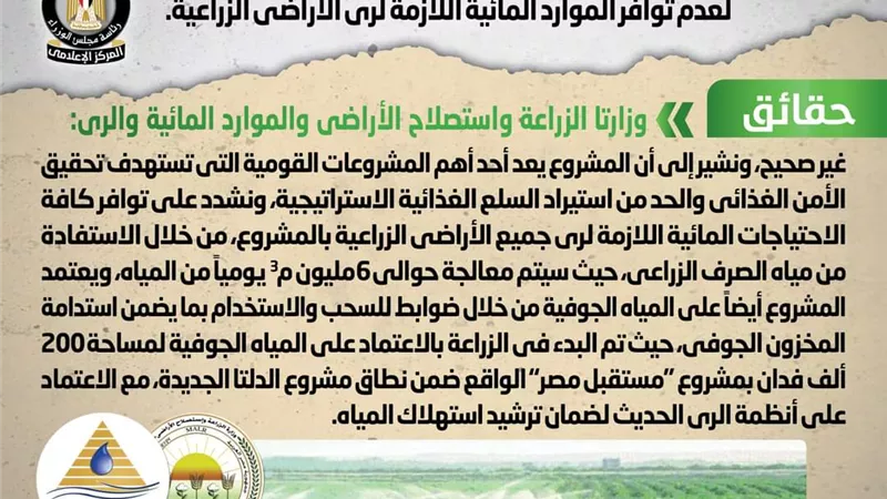 الوزراء : لا صحة لعدم جدوى مشروع الدلتا الجديدة بسبب نقص المياة
