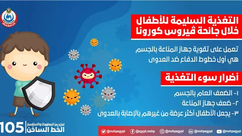 الصحة : التغذية السليمة لطفلك خلال جائحة كورونا تقوي مناعته وتحميه من الإصابه بالعدوى