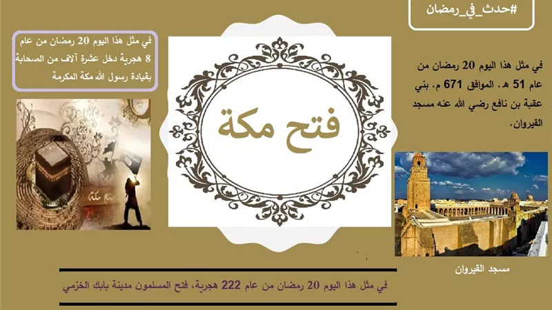 حدث في 20 رمضان .. فتح مكة وبناء مسجد القيروان والقضاء على فتنة بابك الخرمي رائد الإباحية