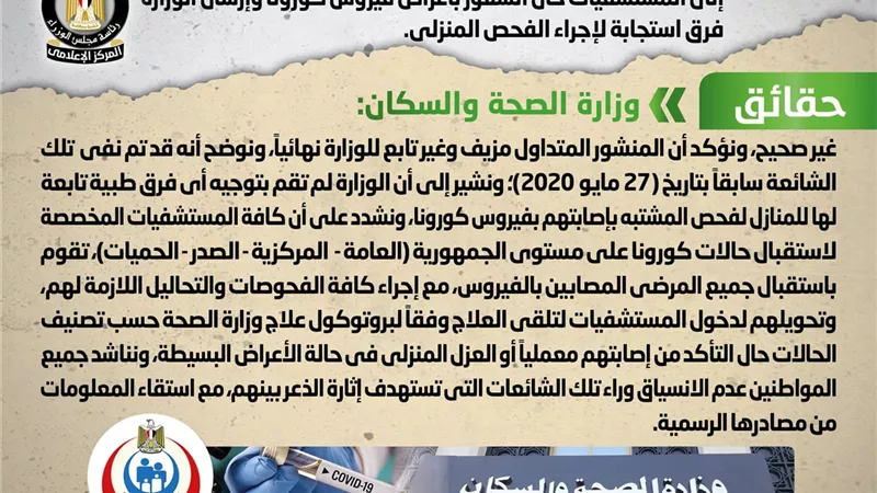 الصحة تنفى توجيه فرق طبية للمنازل لفحص المشتبه إصابتهم بفيروس كورونا