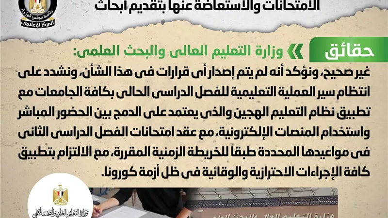 الوزراء : إيقاف الدراسة بالمعاهد والجامعات وإلغاء الامتحانات .. شائعة
