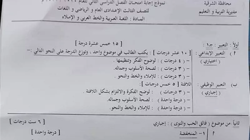 نموذج الإجابة الرسمي وتوزيع الدرجات لامتحان اللغة العربية للشهادة الإعدادية بالشرقية