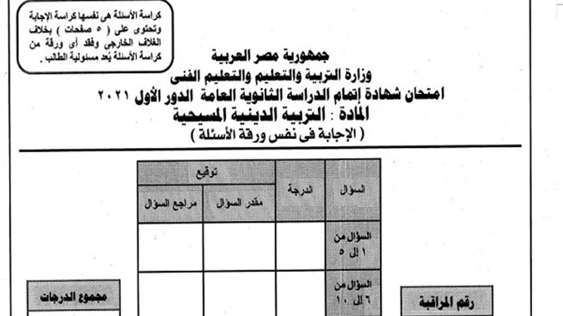 اسئلة مادة التربية المسيحية للثانوية العامة.. اطبع الآن من هنا