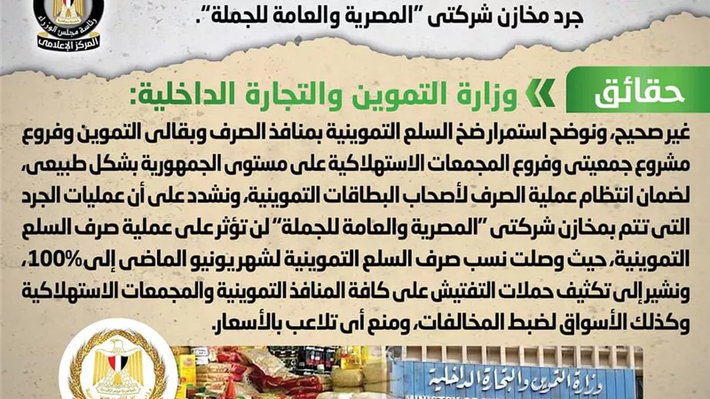 الوزراء ينفى إيقاف صرف السلع لبقالي التموين بسبب عمليات جرد المخازن