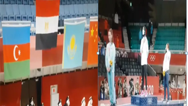 أثناء تتويج فريال أشرف بأول ذهبية لمصر.. النشيد الوطنى يُعزف لأول مرة بأولمبياد طوكيو.. فيديو