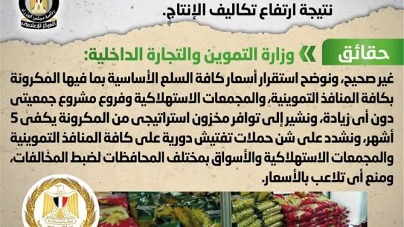 الحكومة تنفى زيادة أسعار المكرونة بالمنافذ التموينية نتيجة ارتفاع تكاليف الإنتاج