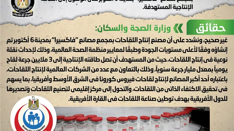 الحكومة تكشف حقيقة فيديو يزعم عدم قدرة مصنع فاكسيرا على إنتاج اللقاحات