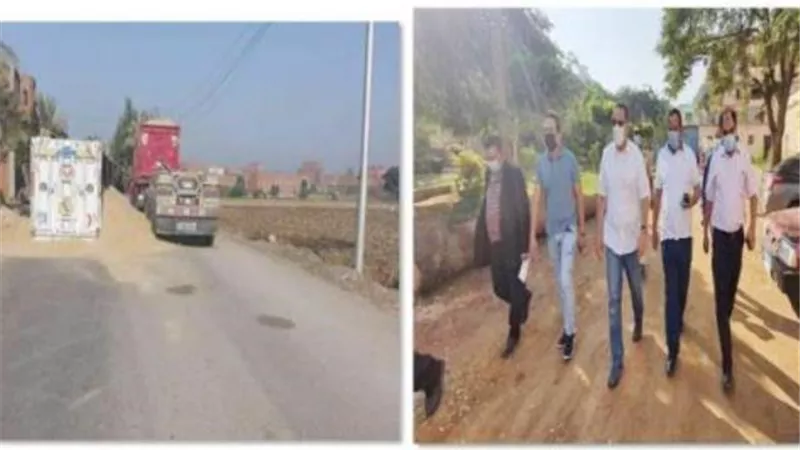 رفع سيارة نقل محملة بالرمال ومقلوبة بمدخل مشتول السوق