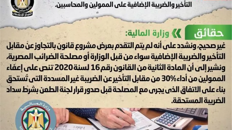 الحكومة تنفى تقديم وزارة المالية مشروع قانون جديد بالتجاوز عن مقابل التأخير والضريبة الإضافية على الممولين والمحاسبين