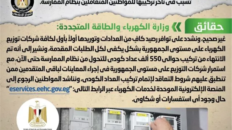 الحكومة تنفى وجود نقص في العدادات الكودية بشركات توزيع الكهربا