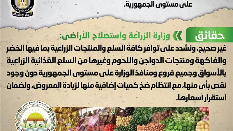 الزراعة : توافر السلع الغذائية بالأسواق وبجميع منافذ الوزارة