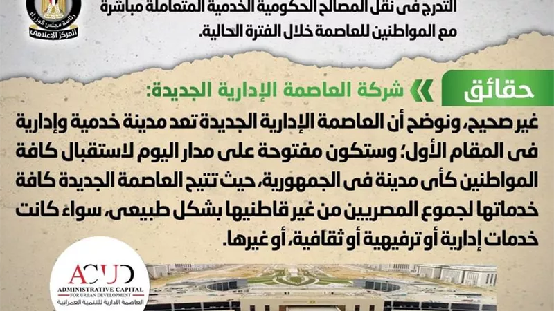 شركة العاصمة الإدارية: المدينة خدمية تستقبل المواطنين على مدار اليوم
