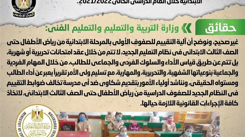 الحكومة تنفى عقد اختبارات شهرية تحريرية لطلاب الصفوف الأولى من المرحلة الابتدائية