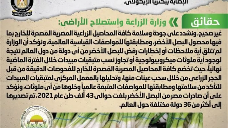 الحكومة تنفى تصدير شحنات فاسدة من البصل الأخضر المصري تتسبب في الإصابة ببكتريا الإيكولاي