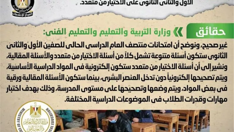 الحكومة تنفى اقتصار امتحانات الصفين الأول والثاني الثانوي على الاختيار من متعدد