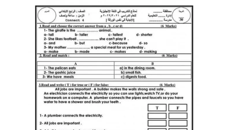 نموذج اختبار فى اللغة العربية الصف الرابع الابتدائى