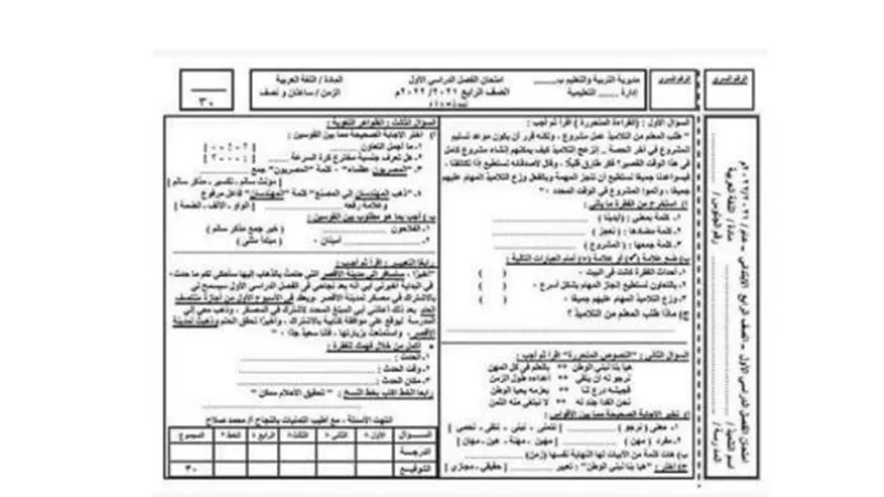 شكل الورقة الامتحانية للترم الاول الصف الرابع الابتدائى