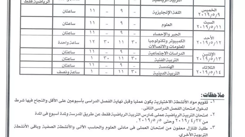 جداول امتحانات المرحلة الاعدادية بالمنوفية