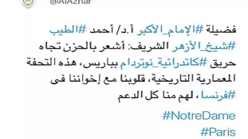 شيخ الأزهر عبر تويتر وفيسبوك: أشعر بالأسف تجاه حريق كاتدرائية نوتردام