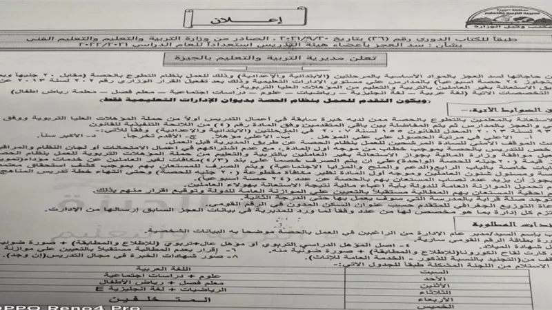 مدارس الجيزة تطلب معلمين بالحصة لسد العجز في التيرم الثاني