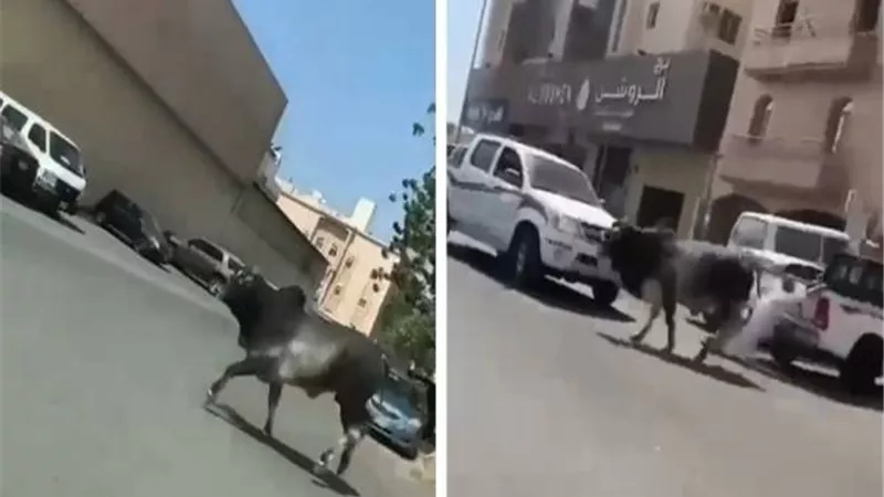 ثور هائج يثيرالذعر للمارة وقائدي السيارات في مدينة جدة