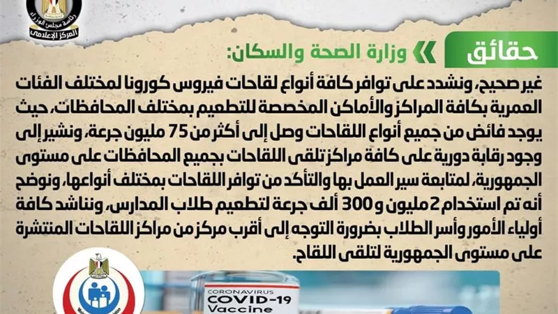الحكومة تنفى وجود أزمة في توفير لقاح كورونا لطلاب المدارس