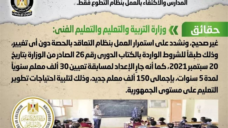 الحكومة تنفى إصدار قرار بإلغاء العمل بنظام التعاقد بالحصة للمعلمين بكافة المدارس