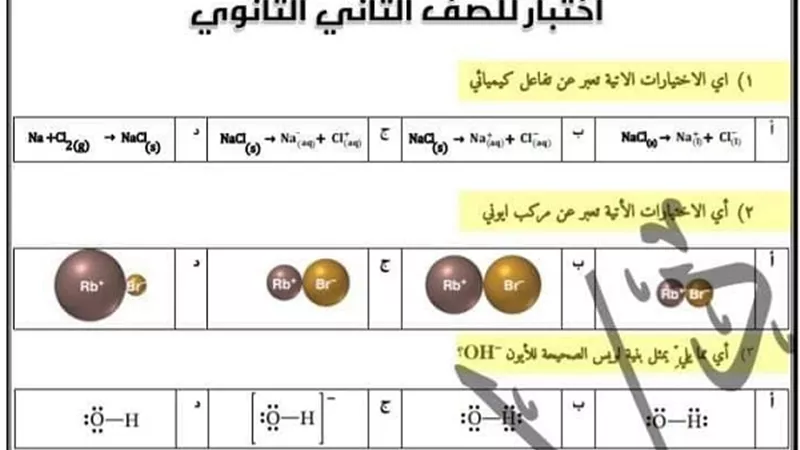 امتحان كيمياء للصف الثاني الثانوي الترم الثاني 2022