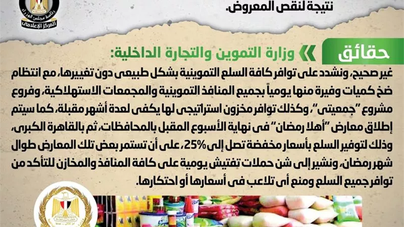 الحكومة تنفى تغيير السلع الأساسية المدرجة على البطاقات التموينية نتيجة لنقص المعروض