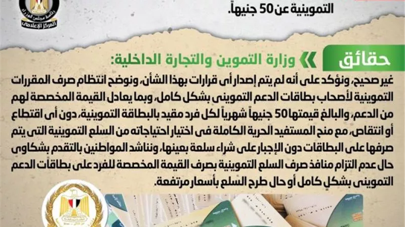 الحكومة تنفى إصدار قرار بتخفيض حصة الفرد من الدعم في البطاقة التموينية عن 50 جنيهاً
