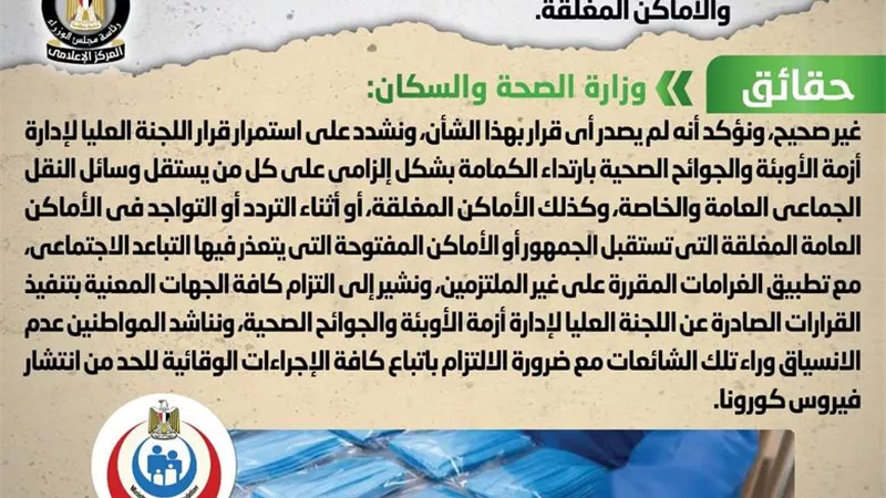 الحكومة توضح حقيقة إلغاء ارتداء الكمامة بالمواصلات العامة والأماكن المغلقة