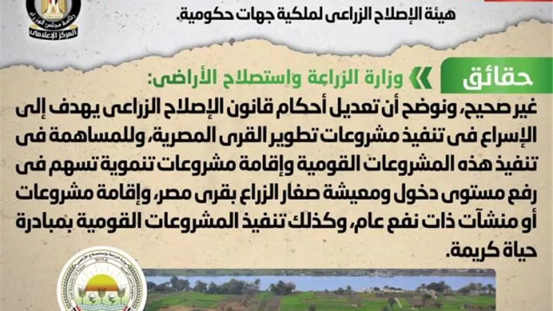 الحكومة تنفى تعديل أحكام قانون الإصلاح الزراعي بهدف ضم أراضي الهيئة لملكية جهات حكومية
