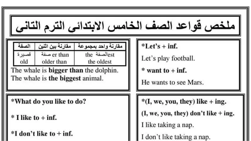 ملخص قواعد اللغة الانجليزية ترم ثانى للصف الخامس الابتدائى فى ورقة واحدة