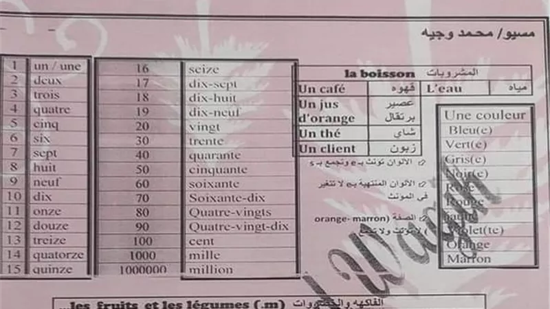 مراجعة نهائية فى اللغة الفرنسية للصف الاول الاعدادى