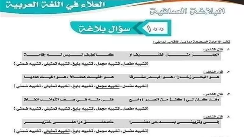 ابرز 100 سؤال في البلاغة بالاحابات لن يخرج عنها الامتحان للثانوية العامة