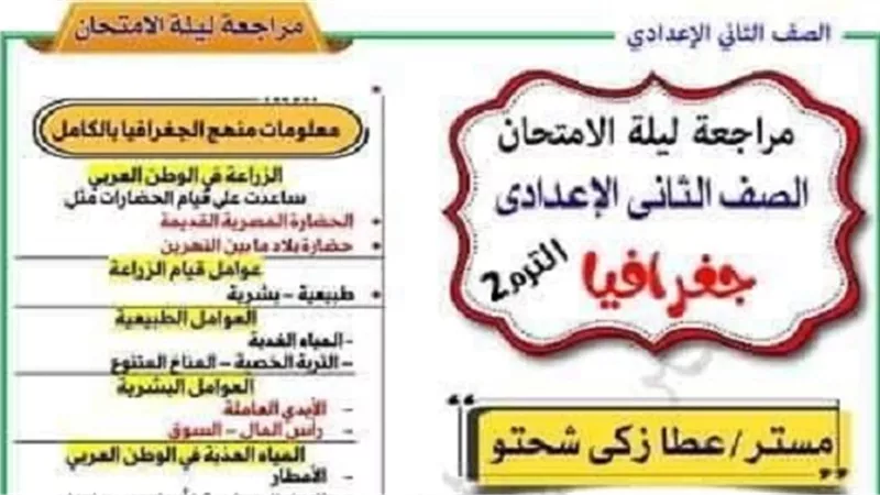 امتحان جغرافيا يضمن لك الحصول على 100% لثانية اعدادى تيرم ثانى