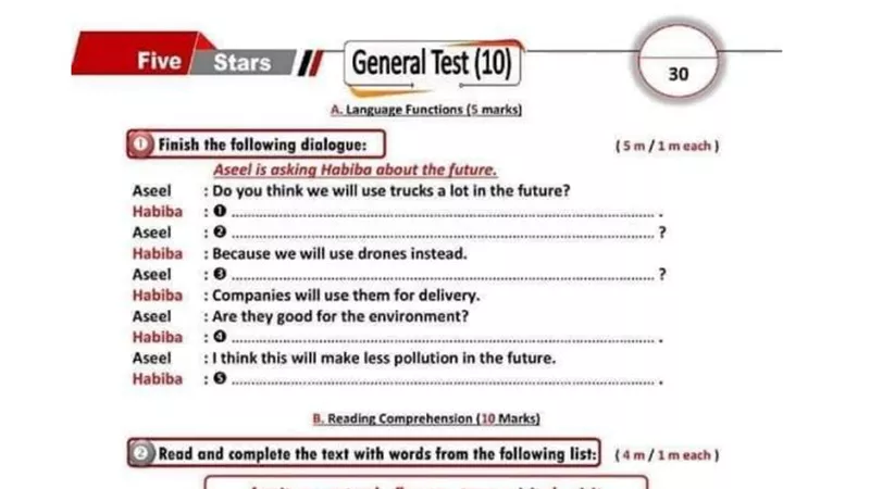 الاختبار العاشر فى اللغة الانجليزية للشهادة الاعدادية