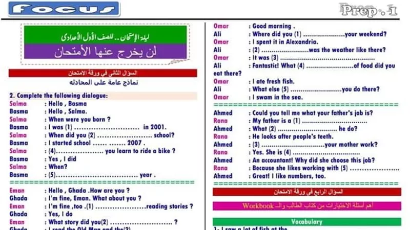 مراجعة ليلة الامتحان فى اللغة الانجليزية لاولى اعدادى